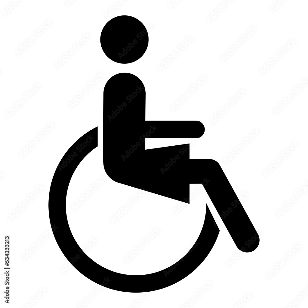 Icono de persona discapacitada. Silueta aislada de mujer en silla de ruedas Icono de persona discapacitada. Silueta aislada de mujer en silla de ruedas
