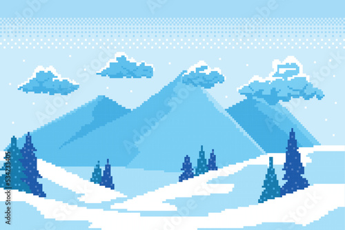 winter pixel art, winter beauty there are fir trees covered in white snow