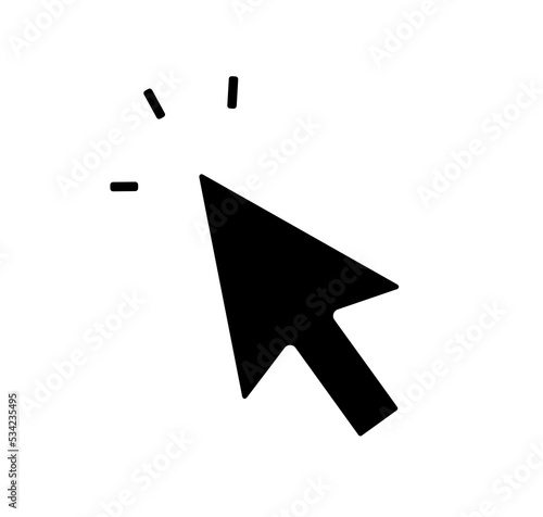 Vector computer mouse cursor with rays colorless black and white outline silhouette shadow shape
