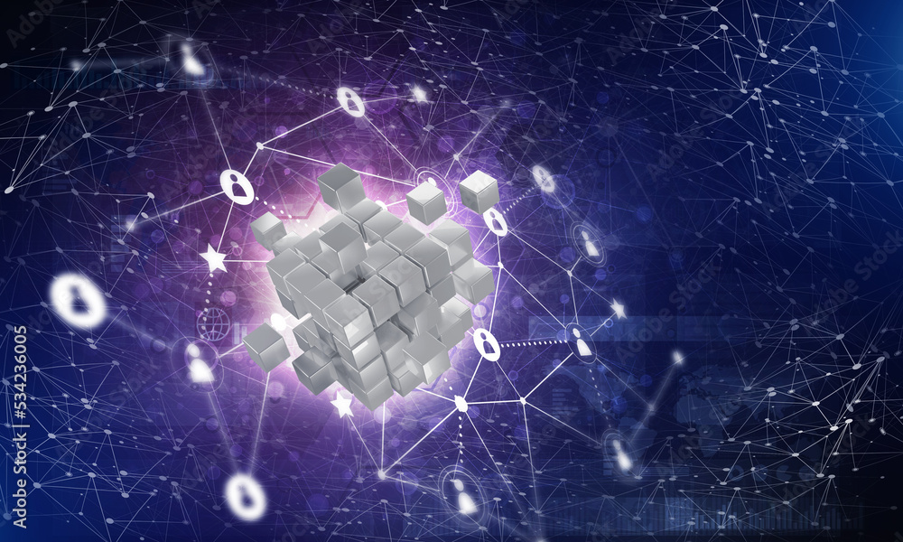 Concept of Internet and networking with digital cube figure on dark background Concept of Internet and networking with digital cube figure on dark background