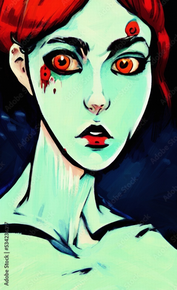 Digital oil painting scary halloween zombie girl portrait. Horror nightmare face. Design template for commercial halloween products. Large size canvas wall art print, poster, card, invitation. Digital oil painting scary halloween zombie girl portrait. Horror nightmare face. Design template for commercial halloween products. Large size canvas wall art print, poster, card, invitation.