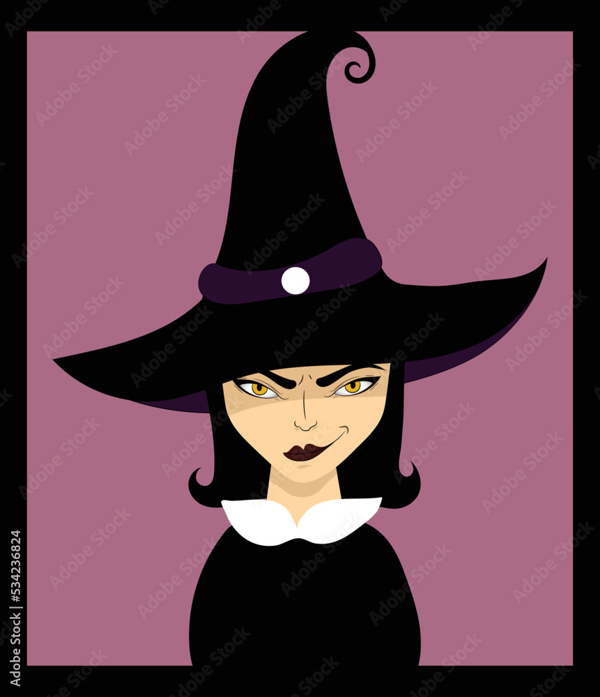 handdrawn vector illustration of a cute witch with a dangerous wicked eyes and curly mischievous smile, hiding under a hat, eps 10 witchcraft, perfect fora Halloween