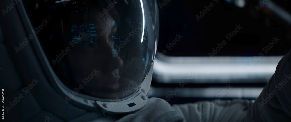 Portrait of Caucasian female astronaut inside spaceship cockpit. Sci-fi space exploration concept. Moon mission - obrazy, fototapety, plakaty 