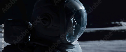 Portrait of Asian lunar astronaut opens his visor while exploring Moon surface