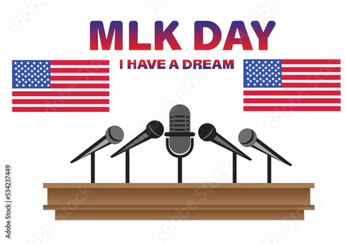 Martin Luther King, Jr.  day in United States in January, federal holiday.  Patriotic american elements.  Posters, cards, banners, backgrounds.