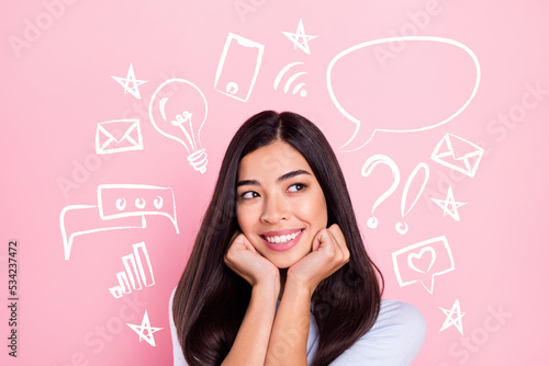 Composite collage picture image of dreamy young woman influencer social media blogger speech bubble copyspace chatting telephone connection