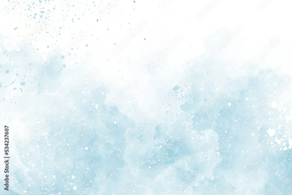 Abstract blue winter watercolor background. Sky pattern with snow. Light blue watercolour paper texture background. Water color design illustration