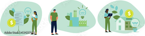 Sustainability illustration set. Energy efficiency in household and industry. Characters using green electricity, paying less and saving money. Electricity consumption concept. Vector