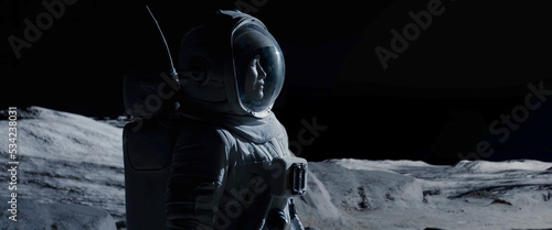 Portrait of Asian lunar astronaut opens his visor while exploring Moon surface