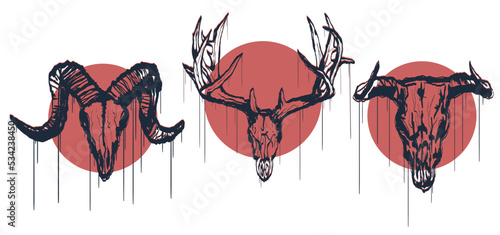 Brutal outlines set of skulls wild animals, goat, forest deer, and bull on red circle. Isolated on a white background. Squiezer smudge effect, trace effect, graffiti stencil effect.