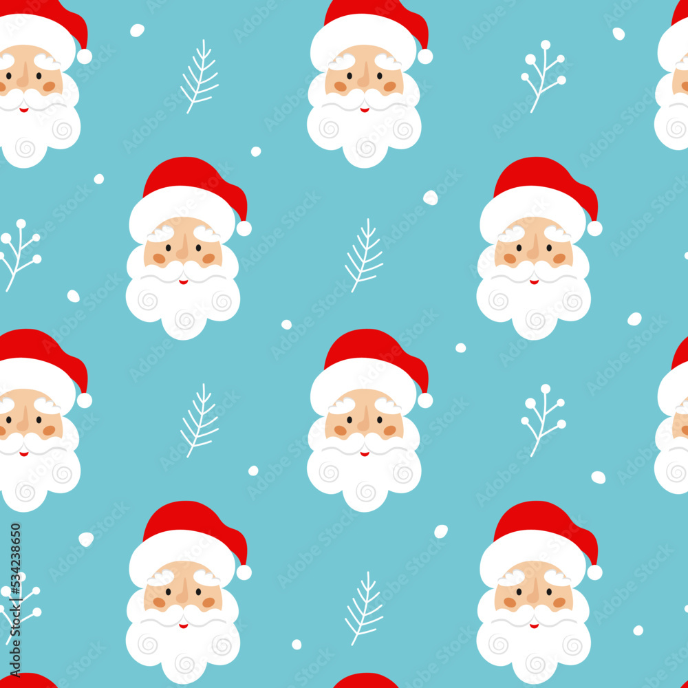 Christmas seamless pattern with cute Santa Claus head and winter leaves on blue background. Christmas kids vector illustration. Holiday wallpaper. Christmas seamless pattern with cute Santa Claus head and winter leaves on blue background. Christmas kids vector illustration. Holiday wallpaper.