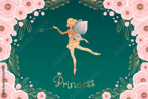 Golden fairy princess baby shower backdrop. Birthday party background with a little pixie silhouette and a beautiful floral frame. Vector illustration 10 EPS.