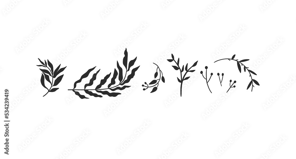 Obraz premium Hand drawn vector abstract stock flat graphic sketch drawing illustrations collection set with logo elements of natural,black decorative leaves silhouettes art in simple style for branding,isolated.