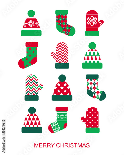 A set of winter clothes in Christmas colors. Hat, mittens and socks. Vector greeting card