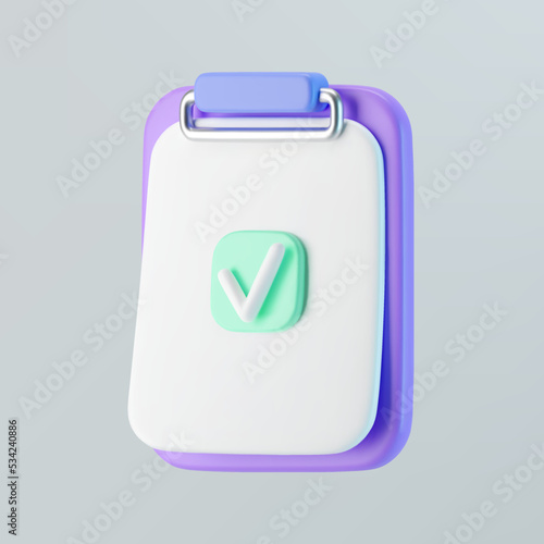 3d purple checklist on clipboard icon with check mark isolated on gray background. Render to-do or shopping, medical, business and education checklist. 3d cartoon simple vector illustration