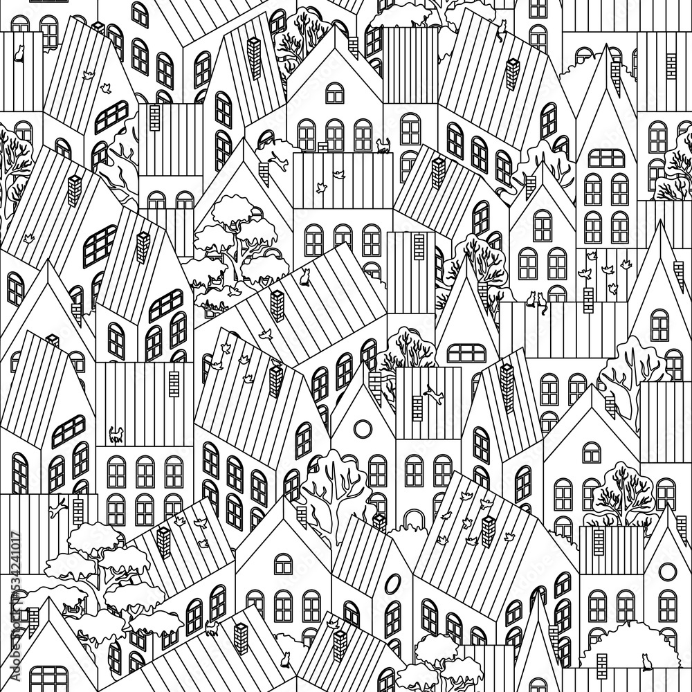 Naklejka premium Houses are an isometric projection. Cute beautiful town seamless pattern.Contour illustration, coloring. Texture for fabric, wrapping, wallpaper