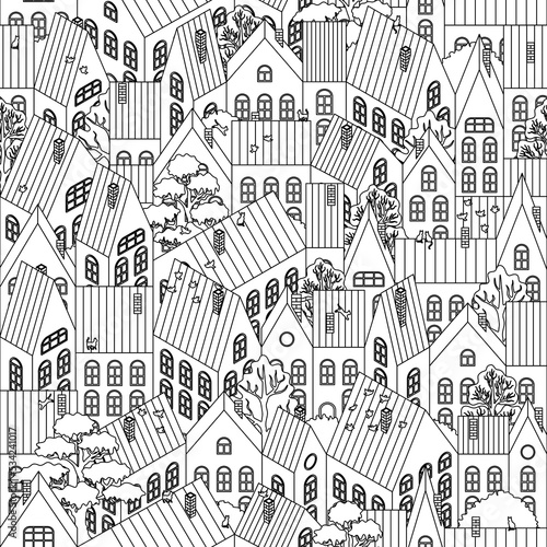 Houses are an isometric projection. Cute beautiful town  seamless pattern.Contour illustration, coloring. Texture for fabric, wrapping, wallpaper