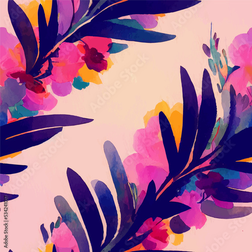 A repeatable pattern of leaves and flowers, watercolour. Pink hue.
