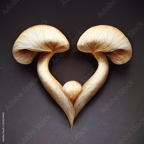 The two mushrooms intertwined in the shape of a heart. photo