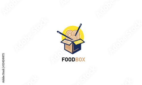 Chinese noodles in red paper box and chopsticks linear logo design