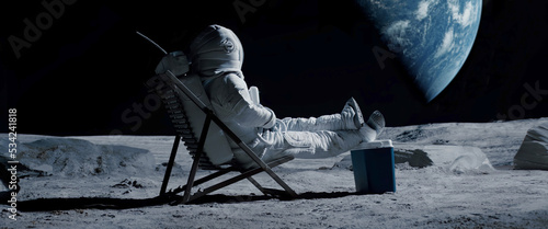 Lunar astronaut chilling on a beach chair with refrigerator bag on Moon surface  enjoying view of Earth