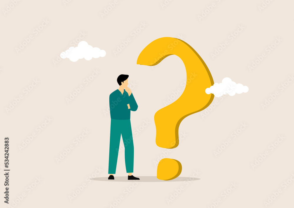 Questions, businessman looking at interrogation marks, why what where when how who, vector illustration concept.