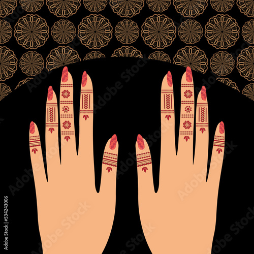 Floral Red Henna Mehndi Hands Vector Illustration with Black Ornamental Mandala Background, Hand Drawn Henna Vector Design