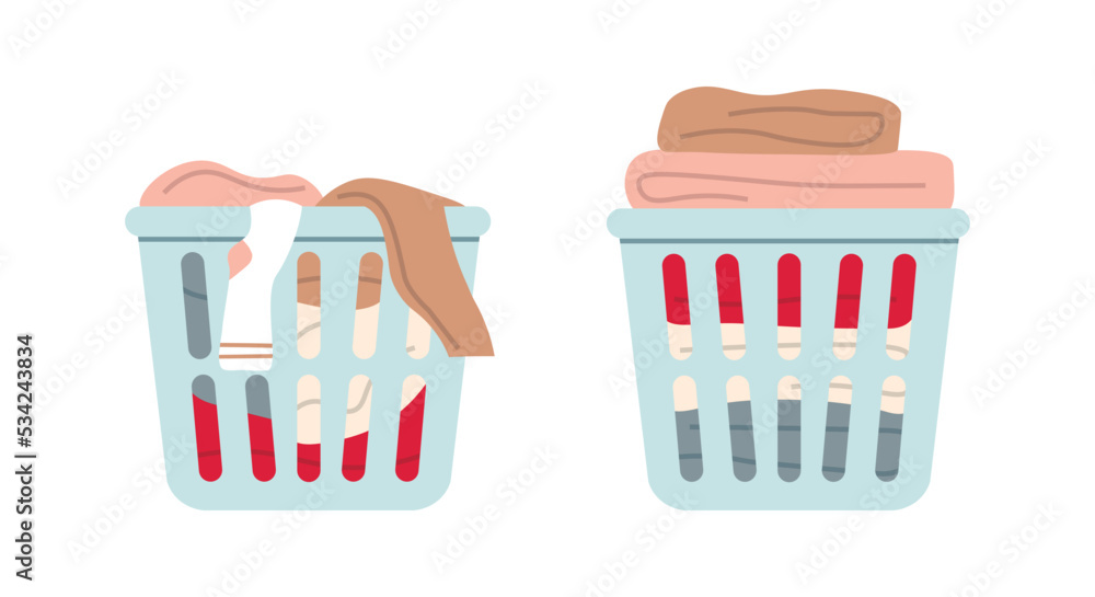 Basket with dirty and clean clothes. Laundry basket. Pile of clean folded clothes. Washed laundry. Pile of different clothes. Laundry for washing. Flat vector isolated illustration.