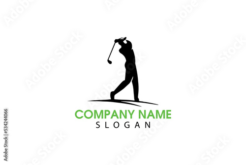 logo for golf with illustration of a golfer hitting a golf ball.