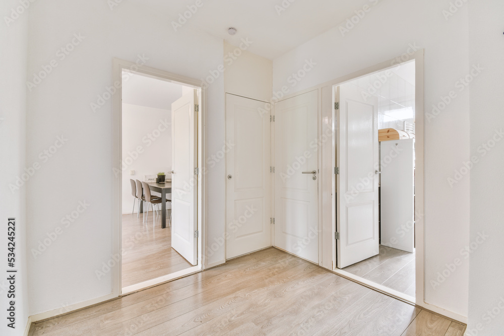 Doorway of modern apartment with white walls and parquet floor