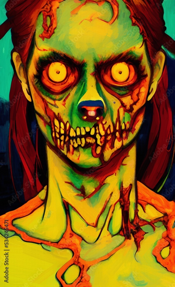 Digital oil painting scary halloween zombie girl portrait. Horror nightmare face. Design template for commercial halloween products. Large size canvas wall art print, poster, card, invitation. Digital oil painting scary halloween zombie girl portrait. Horror nightmare face. Design template for commercial halloween products. Large size canvas wall art print, poster, card, invitation.