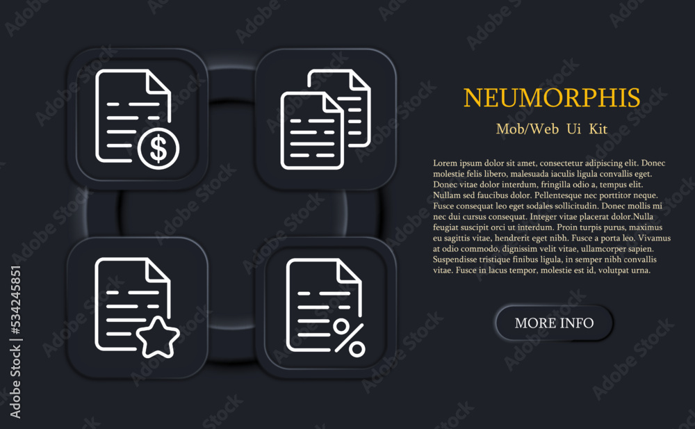Website buttons for file management set icon. Plus, minus, dollar sign, financial report, text document, netwotk setting, add, remove. Data set concept. Neomorphism. Vector line icon Website buttons for file management set icon. Plus, minus, dollar sign, financial report, text document, netwotk setting, add, remove. Data set concept. Neomorphism. Vector line icon