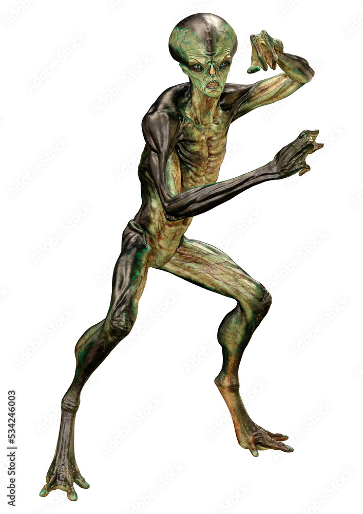 3D Rendering Green Alien on White 3D Rendering Green Alien on White