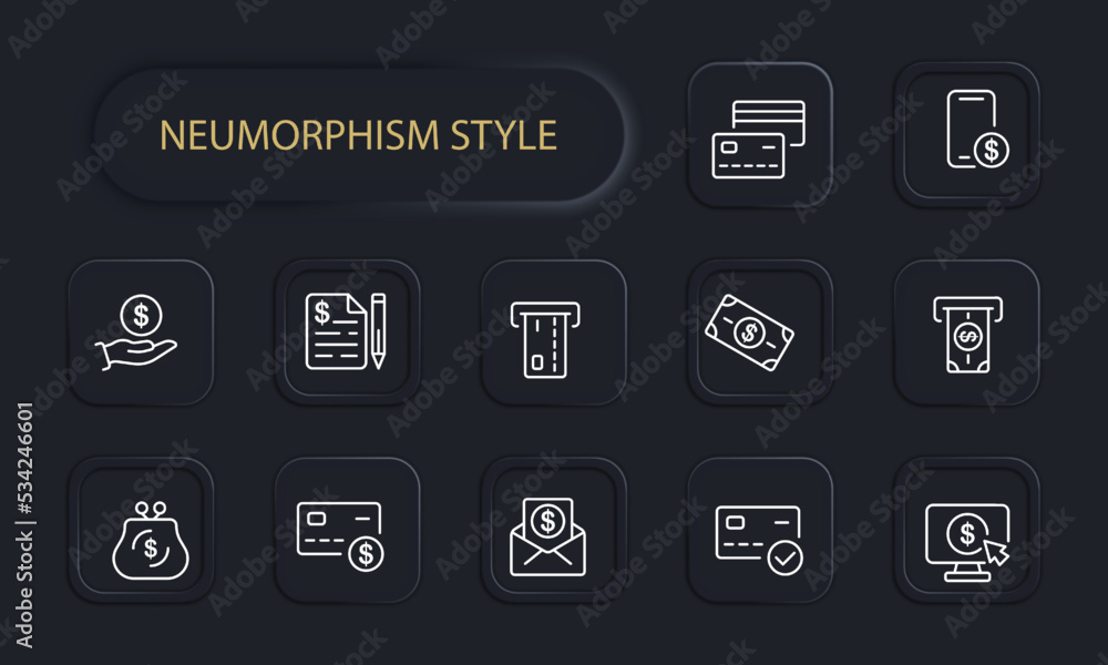 Money set icon. Card, wallet, check, mail, coin, bill, ATM, terminal, click, online purchase, transaction, shopping, nfs, contactless payment. Neomorphism style. Vector line icon Money set icon. Card, wallet, check, mail, coin, bill, ATM, terminal, click, online purchase, transaction, shopping, nfs, contactless payment. Neomorphism style. Vector line icon