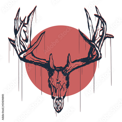 Brutal outlines skull wild animal, forest deer skull  on red circle. Isolated on a white background. Squiezer smudge effect, trace effect, graffiti stencil effect. 