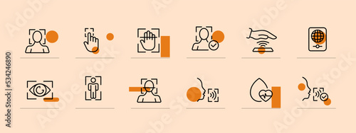 Identification set icon. DNA, rna, face recognition, two factor verification, fingerprint, scan, passport, biometrics, pulse, face ID. Authentication concept. Pastel color background