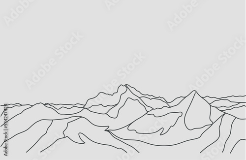 Abstract mountain range landscape background. Simple line drawing of mountains and sun. Modern one line nature illustration. Vector sunset wallpaper for icon, logo, travel poster, tourism card