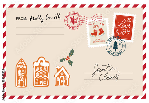 Christmas envelope with stamps, seals, gingerbread houses and inscriptions to Santa Claus.