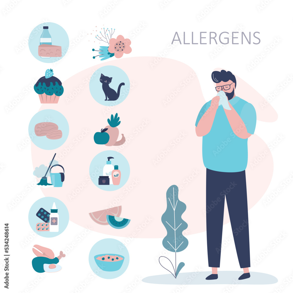 Occurrence of allergic reaction to various products. Man suffers from allergy to dust or pollen Occurrence of allergic reaction to various products. Man suffers from allergy to dust or pollen