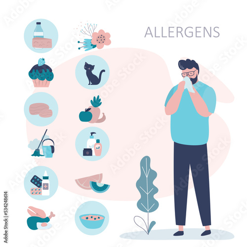 Occurrence of allergic reaction to various products. Man suffers from allergy to dust or pollen
