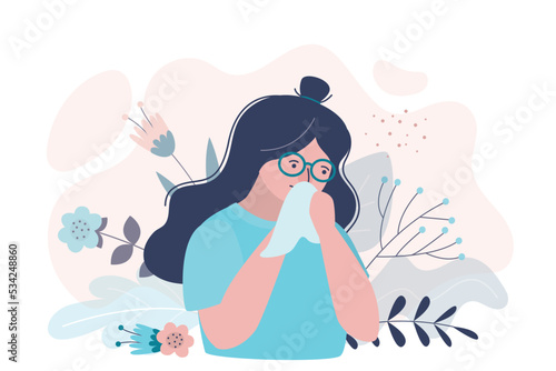Female character suffering from pollen allergy during flowering. Girl experiencing allergic reaction to plants in spring season