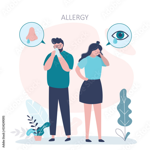 Man and woman developed allergic symptoms to irritants. Male character with severe runny nose due to allergies