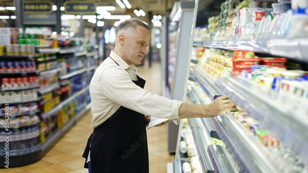 A middle-aged worker checks the goods on the shelves in the dairy department. Inventory. Goods control A middle-aged worker checks the goods on the shelves in the dairy department. Inventory. Goods control