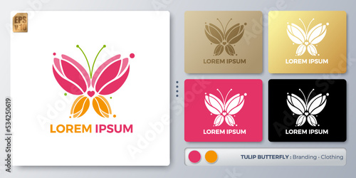 Tulip butterfly Logo design. Blank name for insert your Branding. Designed with examples for all kinds of applications. You can used for company, indentity, cosmetic, environment campaign, branding.