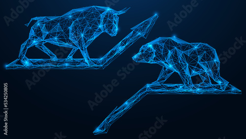 Bull and bear standing on the arrows of growth and decline. Online stock market technology. Polygonal design of lines and dots. Blue background.