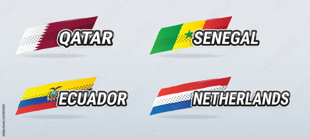Vector banners featuring country names with national flags for Qatar, Ecuador, Senegal and Netherlands, for World Cup groups and other sports, in hand drawn illustration style. Vector banners featuring country names with national flags for Qatar, Ecuador, Senegal and Netherlands, for World Cup groups and other sports, in hand drawn illustration style.