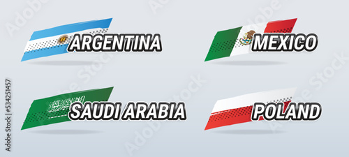 Vector banners featuring country names with national flags for Argentina, Saudi Arabia, Mexico and Poland, for World Cup groups and other sports, in hand drawn illustration style.