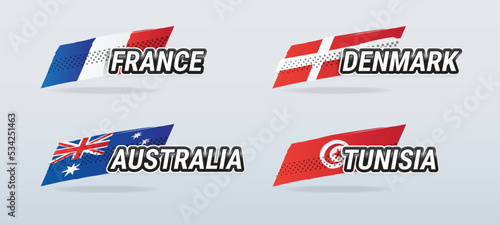 Vector banners featuring country names with national flags for France, Australia, Denmark and Tunisia, for World Cup groups and other sports, in hand drawn illustration style.