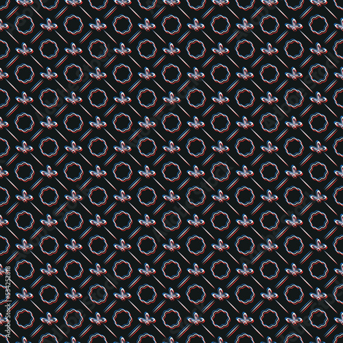 Seamless pattern with glitch effect in retro style with different elements on black background.