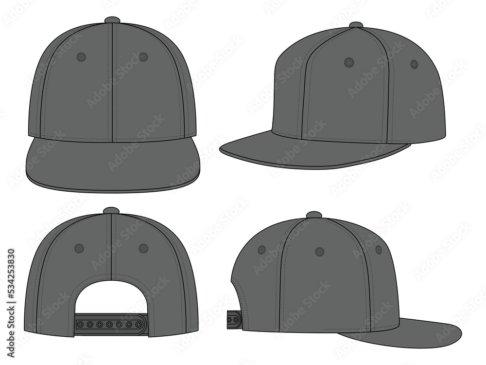 Blank Gray Hip Hop Cap With Adjustable Snap Back Strap Closure Template on White Background, Vector File Blank Gray Hip Hop Cap With Adjustable Snap Back Strap Closure Template on White Background, Vector File